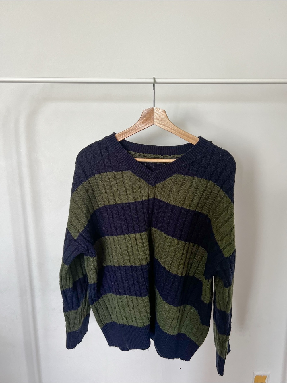 Vintage V-Neck Striped Cable Knit Sweater - Olive & Navy